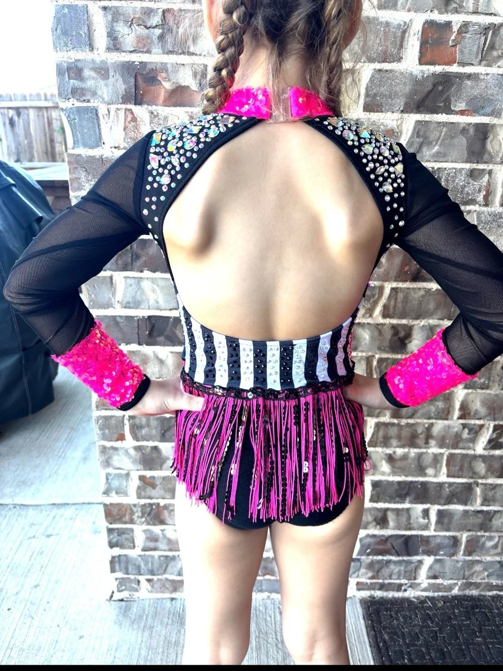 Glamour - Hot Pink Sequin Dance Costume with Black Mesh Sleeves